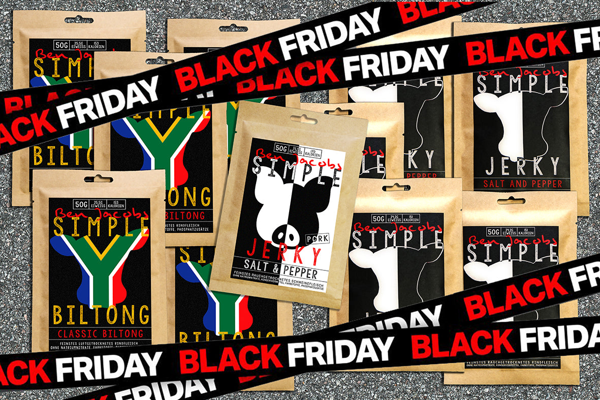 5 x 50g Beef Jerky + 5 x 50g Biltong + 1 free bag of Pork Jerky