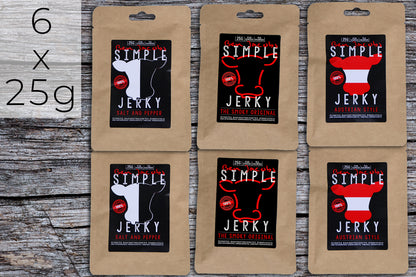 Simple Jerky Mild Box (3 Sorten, 6 x 25g) – Austrian Style, Salt & Pepper, und The Smoky Original. Hochwertiges Trockenfleisch mit natürlichen Zutaten.