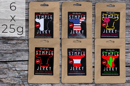 Simple Jerky Probier Box (6 Sorten, 6 x 25g) – Austrian Style, Salt & Pepper, Redneck BBQ, Mexican Style, Hawaiian Teriyaki und The Smoky Original. Hochwertiges Trockenfleisch mit natürlichen Zutaten.