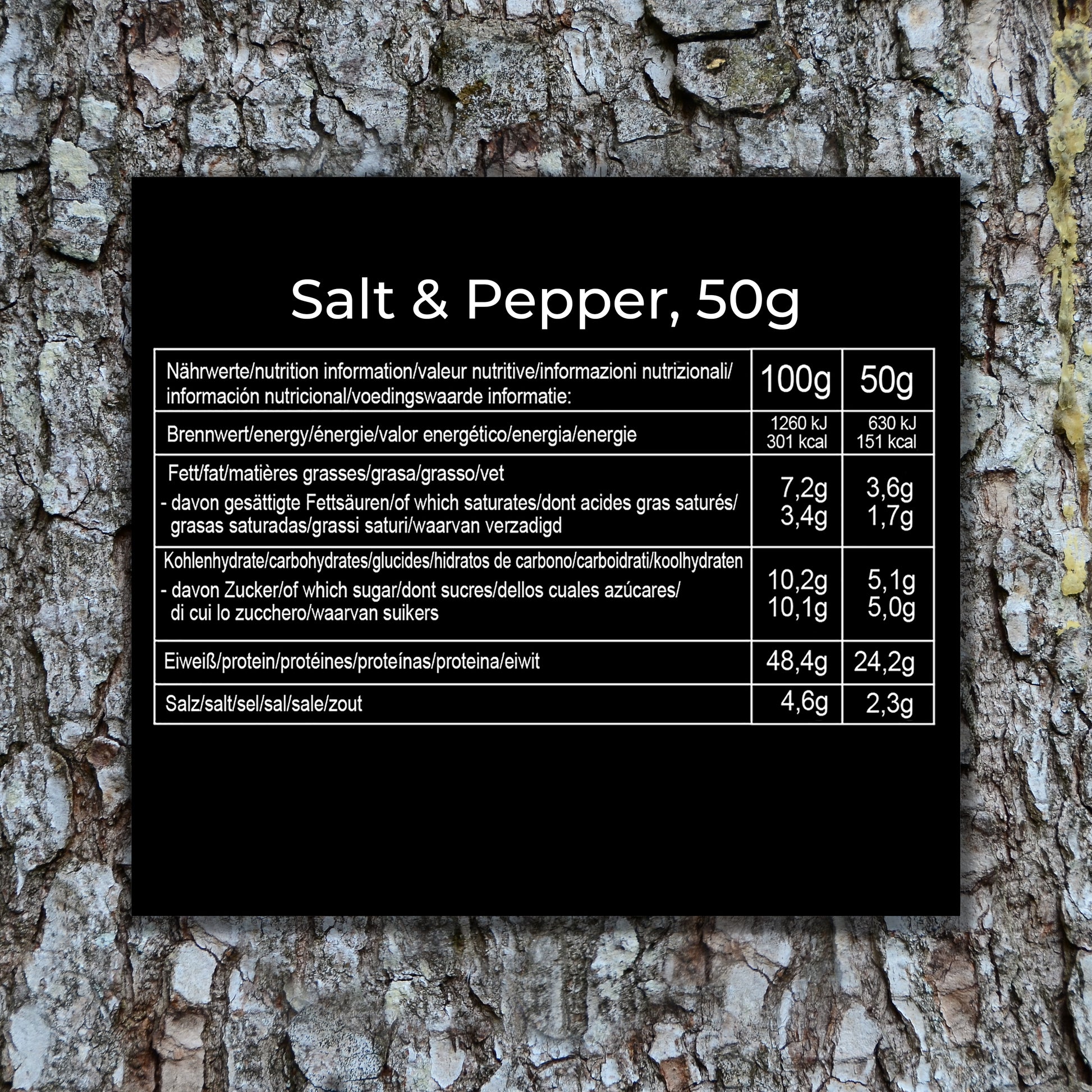 Nährwertangaben für Simple Jerky Salt & Pepper, 50g – Kalorien, Fett, Kohlenhydrate, Eiweiß und Salzgehalt auf einen Blick.